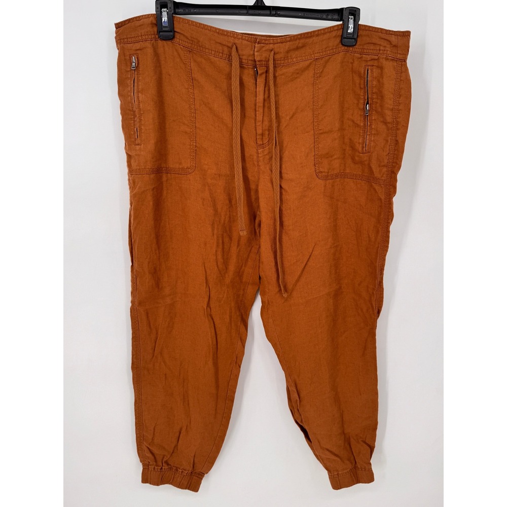 Lou & Grey Linen Joggers Women XL Rust Orange Drawstring Elastic Cuff Pocket
